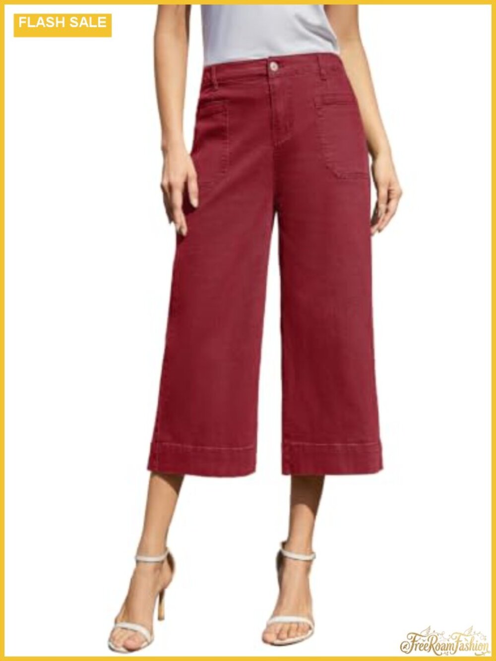 Women's Wide Leg Capri Pants High Waisted Stretchy Cropped Chino Trousers